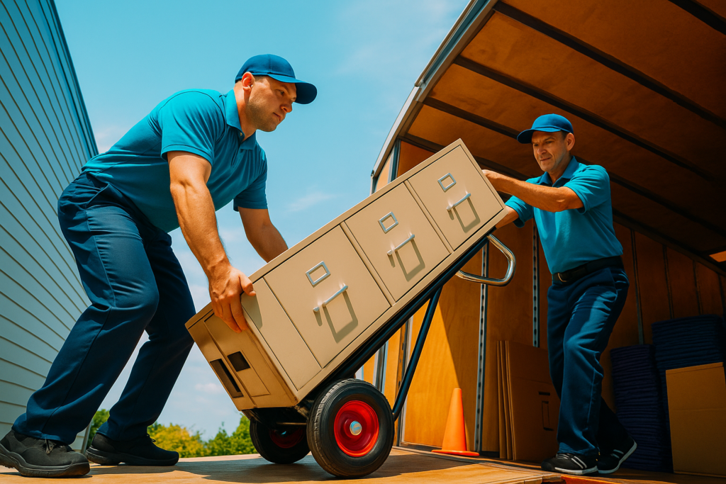 Professional senior movers loading a filing cabinet into a truck.