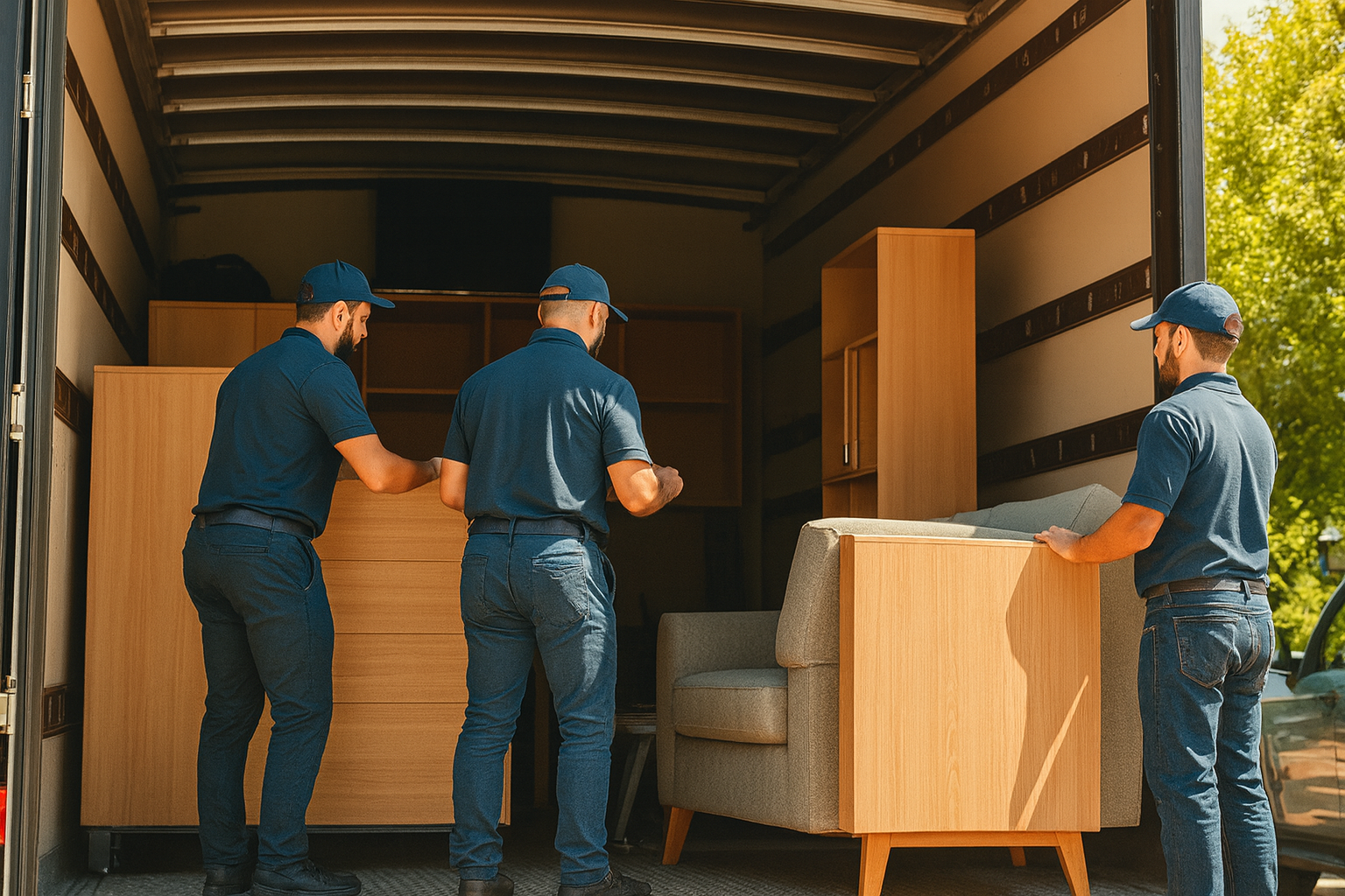 Professional senior movers loading furniture into a truck.