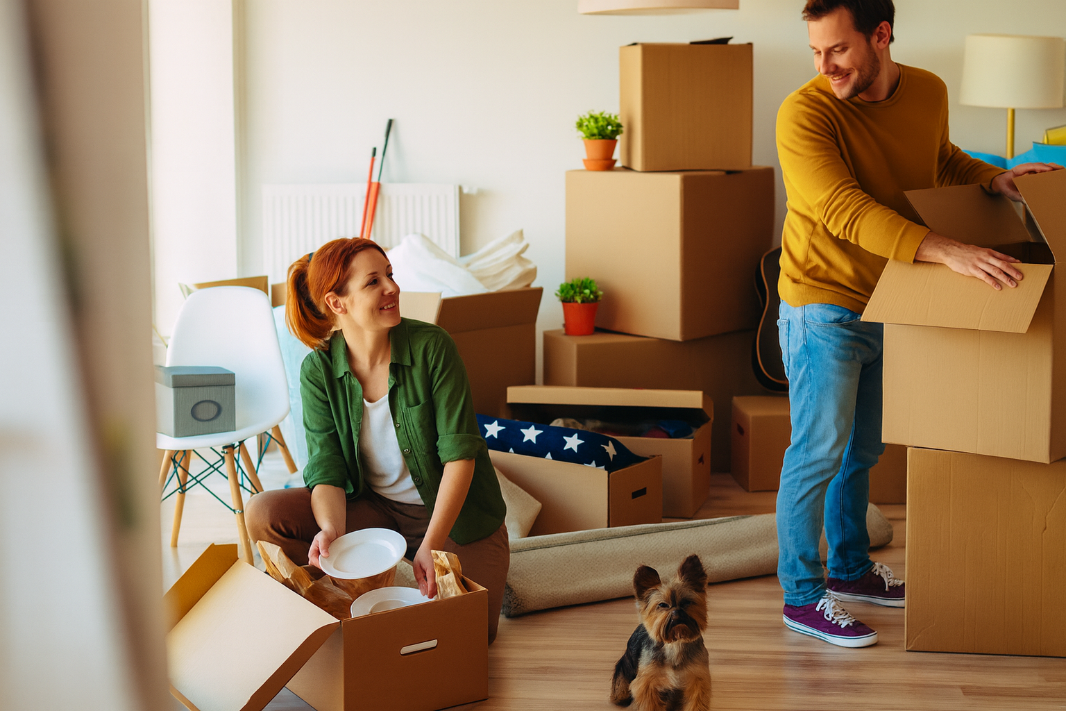 Professional senior movers assist with unpacking boxes at home.