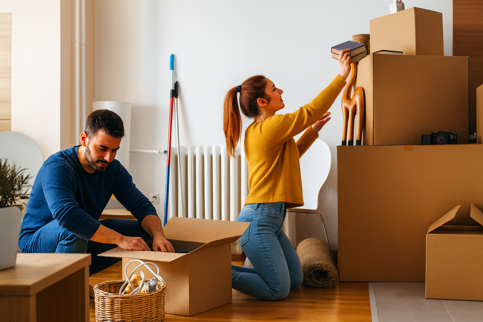 Professional senior movers assist a couple unpacking boxes at home.