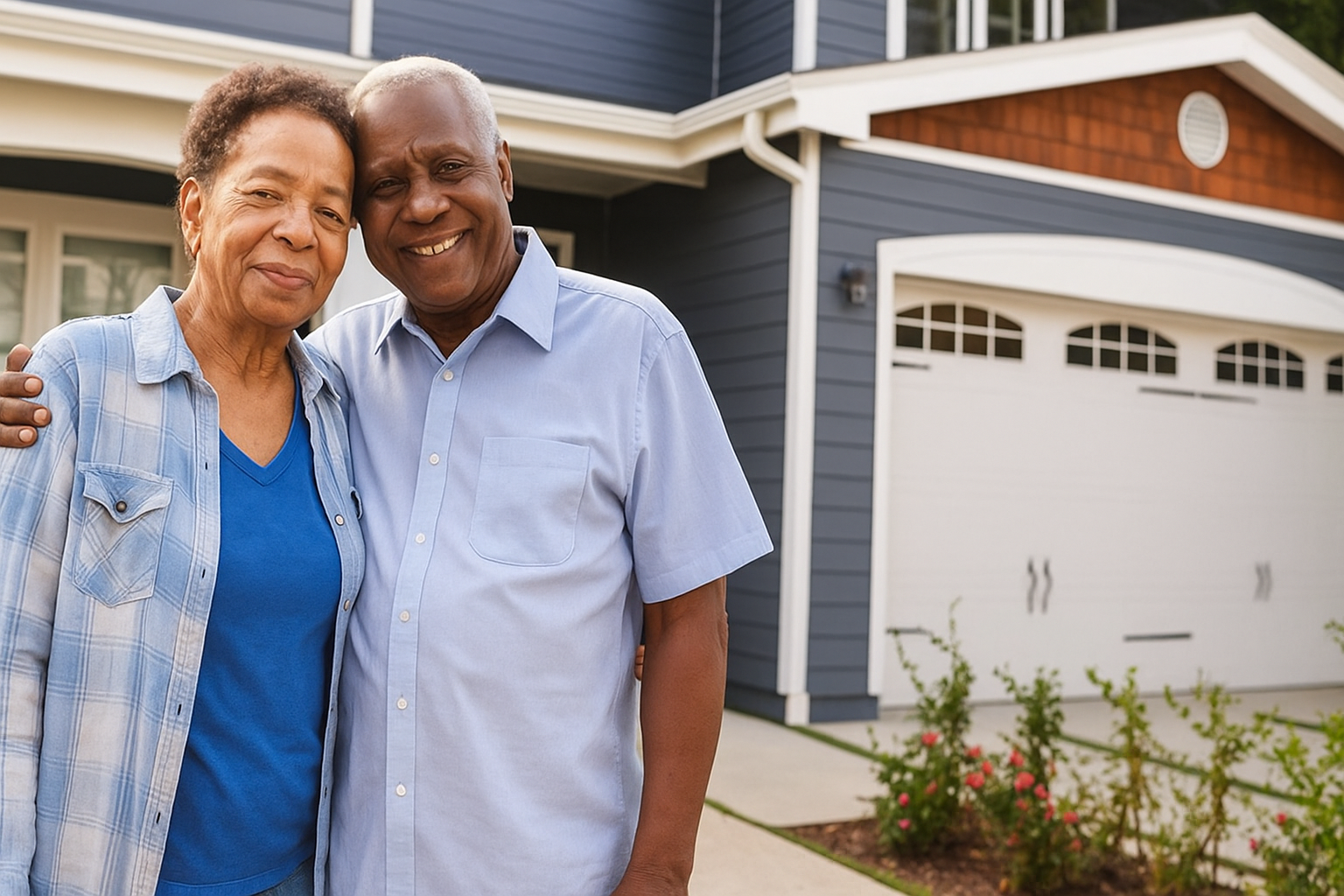 Happy senior couple outside house after receiving moving help for seniors