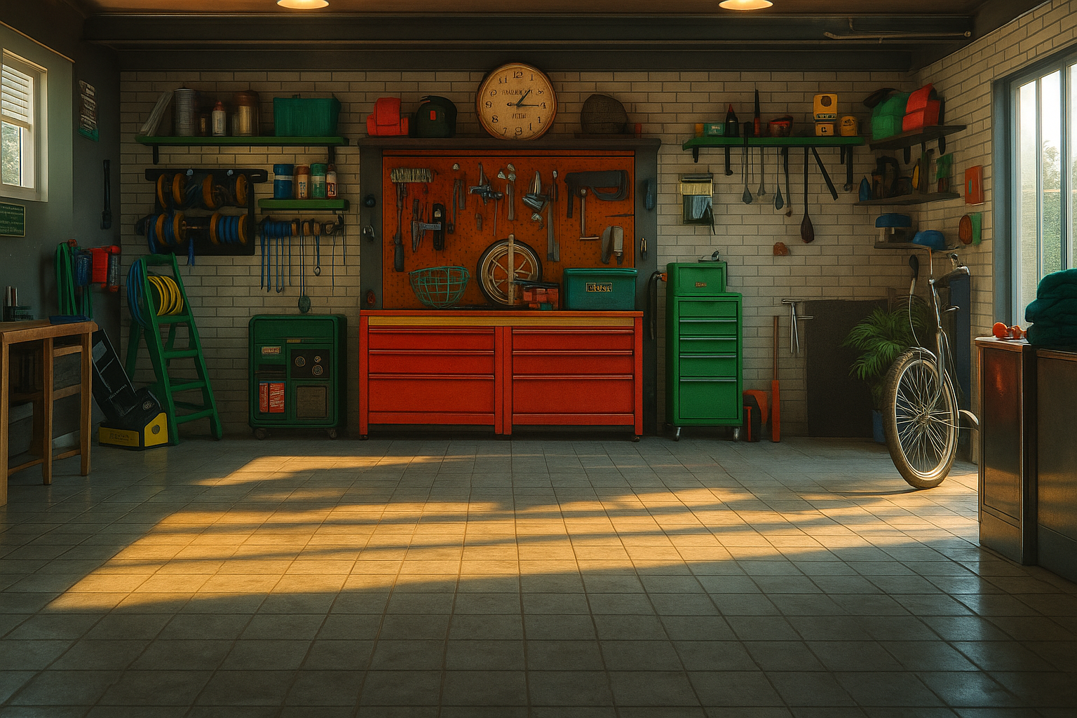 Neatly arranged garage tools and storage representing moving help for seniors