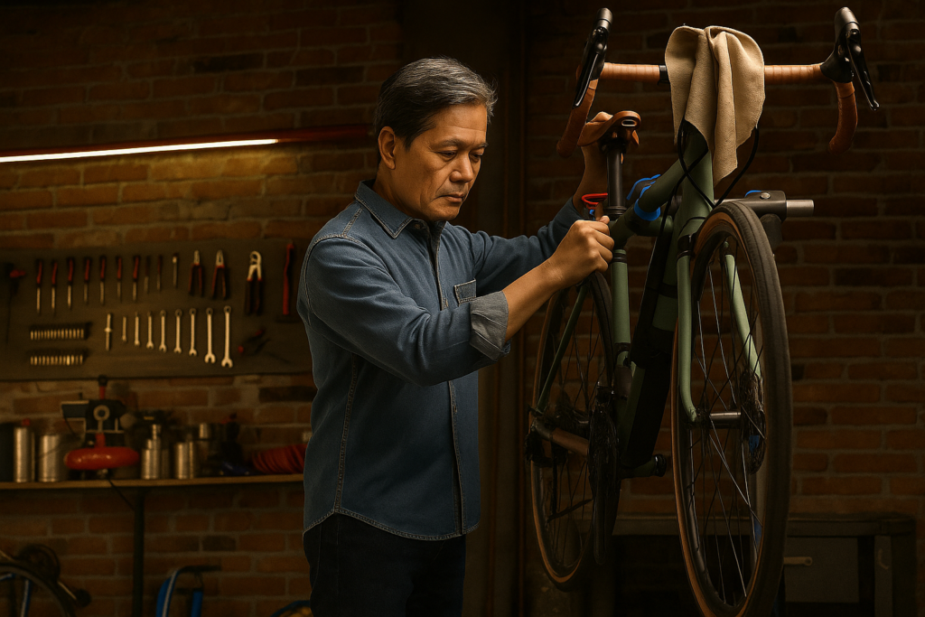 Senior man repairing bicycle as part of moving help for seniors support & downsizing and moving north vancouver