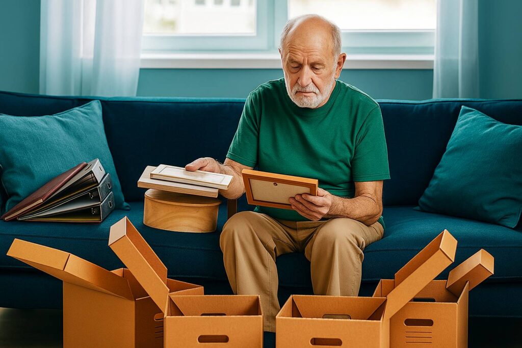 An older man on a sofa looks through framed photos, with empty moving boxes open in front of him